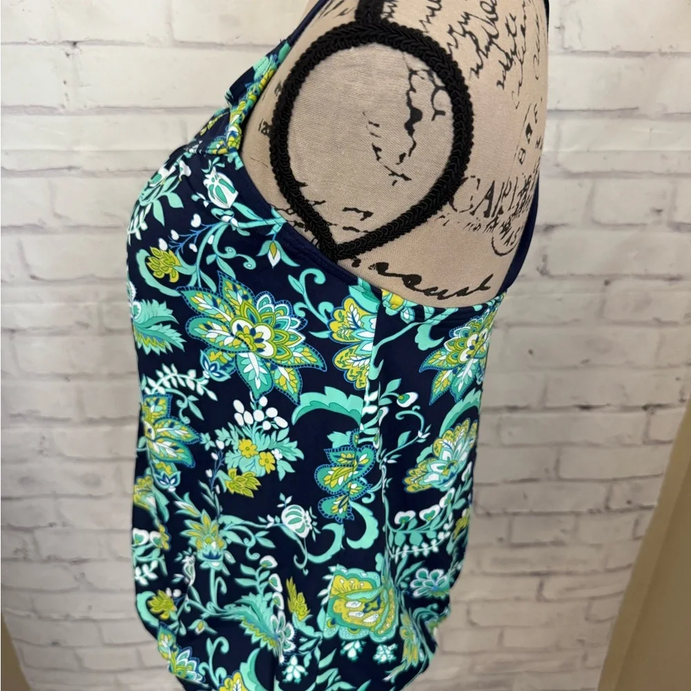Lands' End Sz 10 Blouson Blue Paisley‎ Floral Tankini Top Swimsuit Tummy Hiding